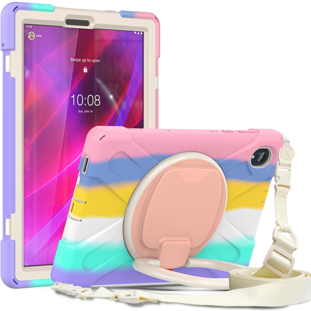 SKALO Lenovo Tab M10 FHD Plus 10.3" Extra Stöttåligt Armor Ring Skal med Axelrem - Regnbåge